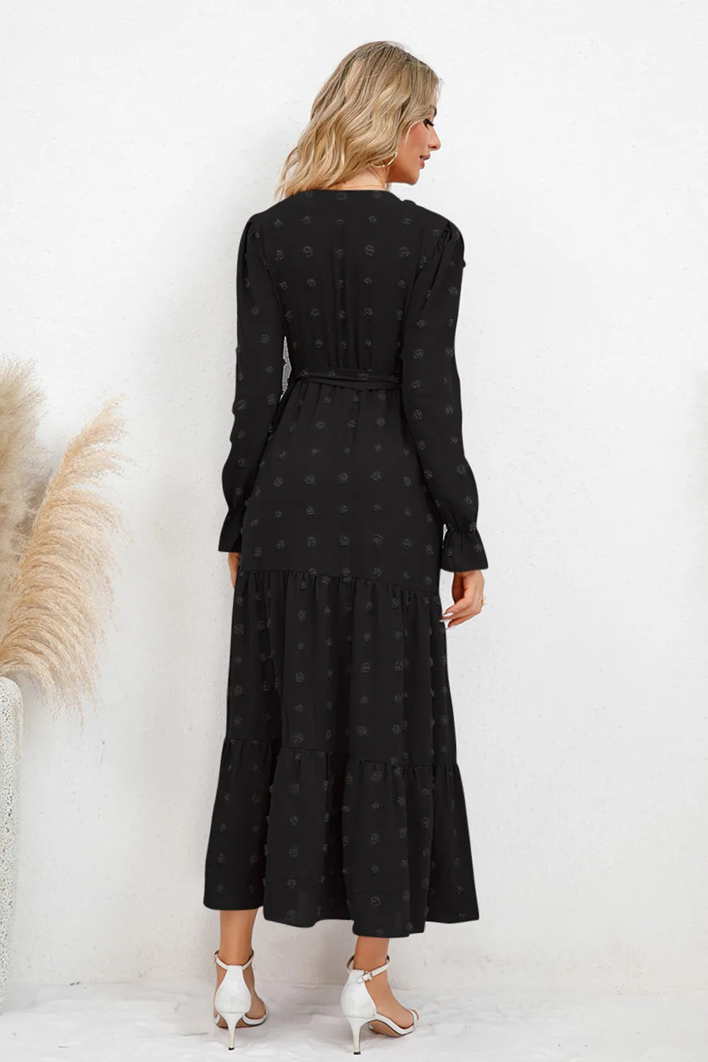 Swiss Dot Tied Surplice Flounce Sleeve Dress (11)