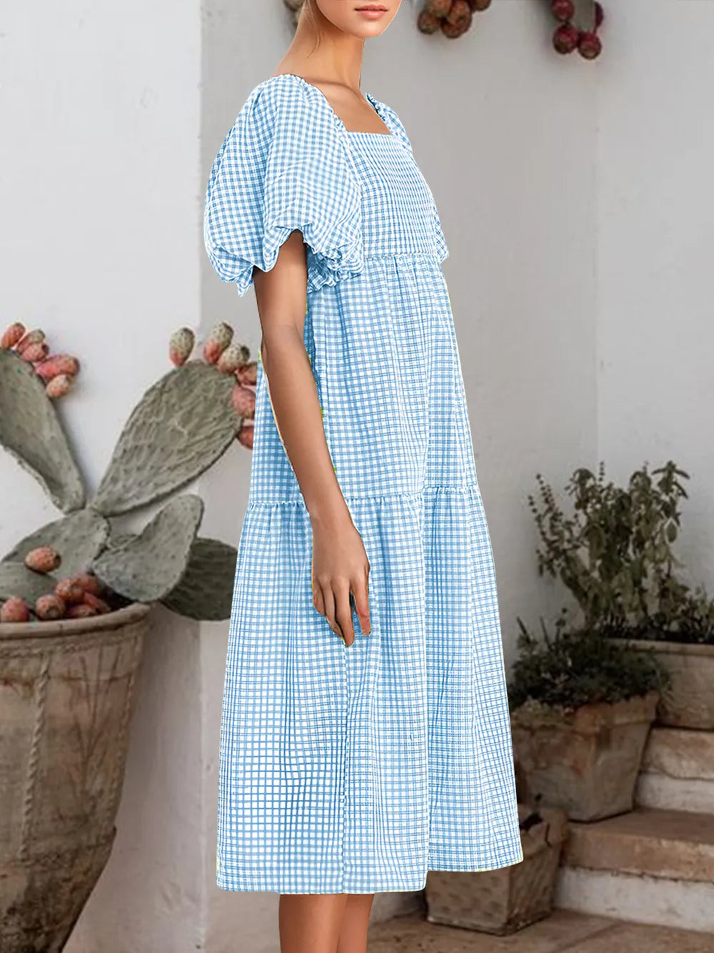 Plaid Square Neck Short Sleeve Dress (2)