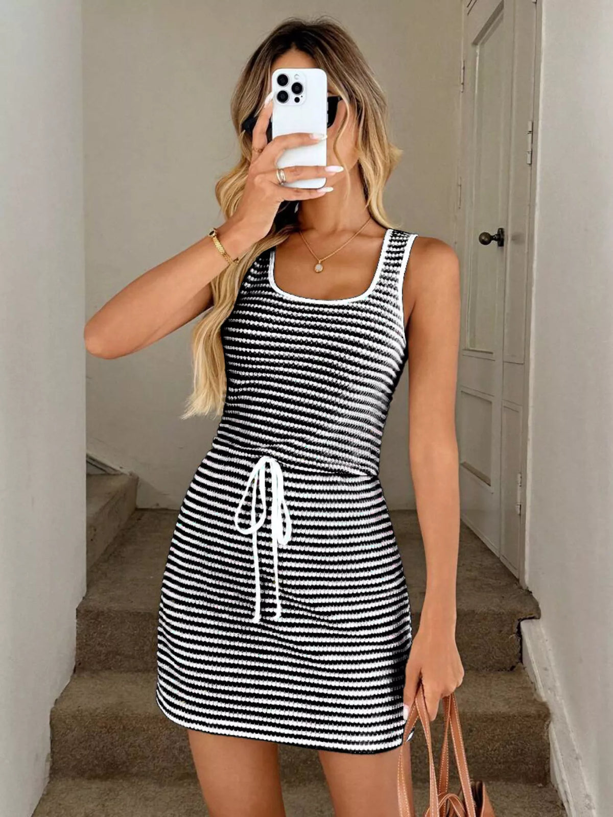 Striped Knitted Mini Dress Drawstring (9)