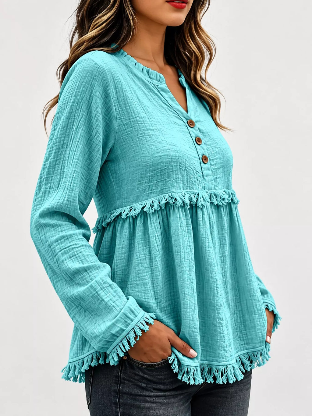 Full Size Frayed Hem Button Detail Blouse Plus (42)