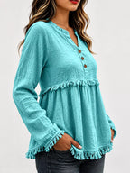 Full Size Frayed Hem Button Detail Blouse Plus (42)