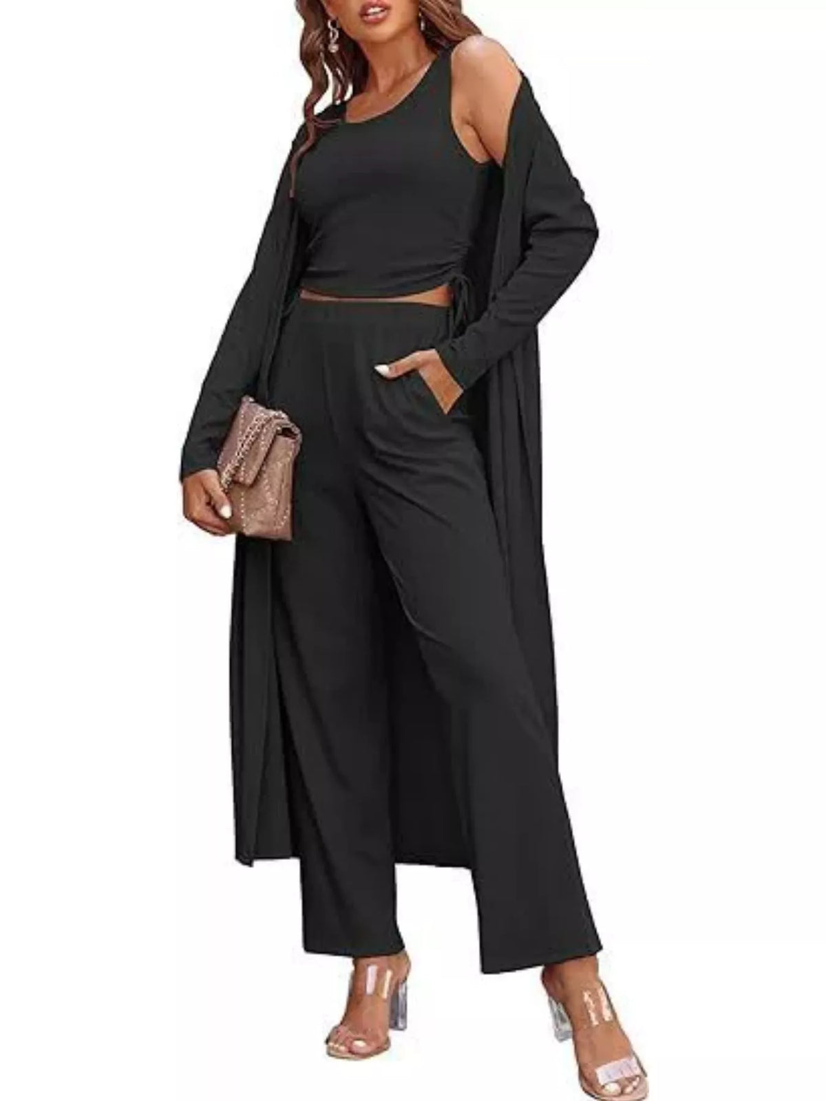 Round Neck Tank Cardigan Pants Set (4)