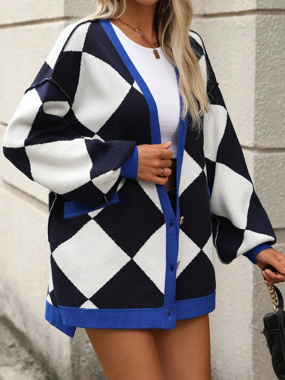 Checkered Dropped Shoulder Long Sleeve Cardigan (11)