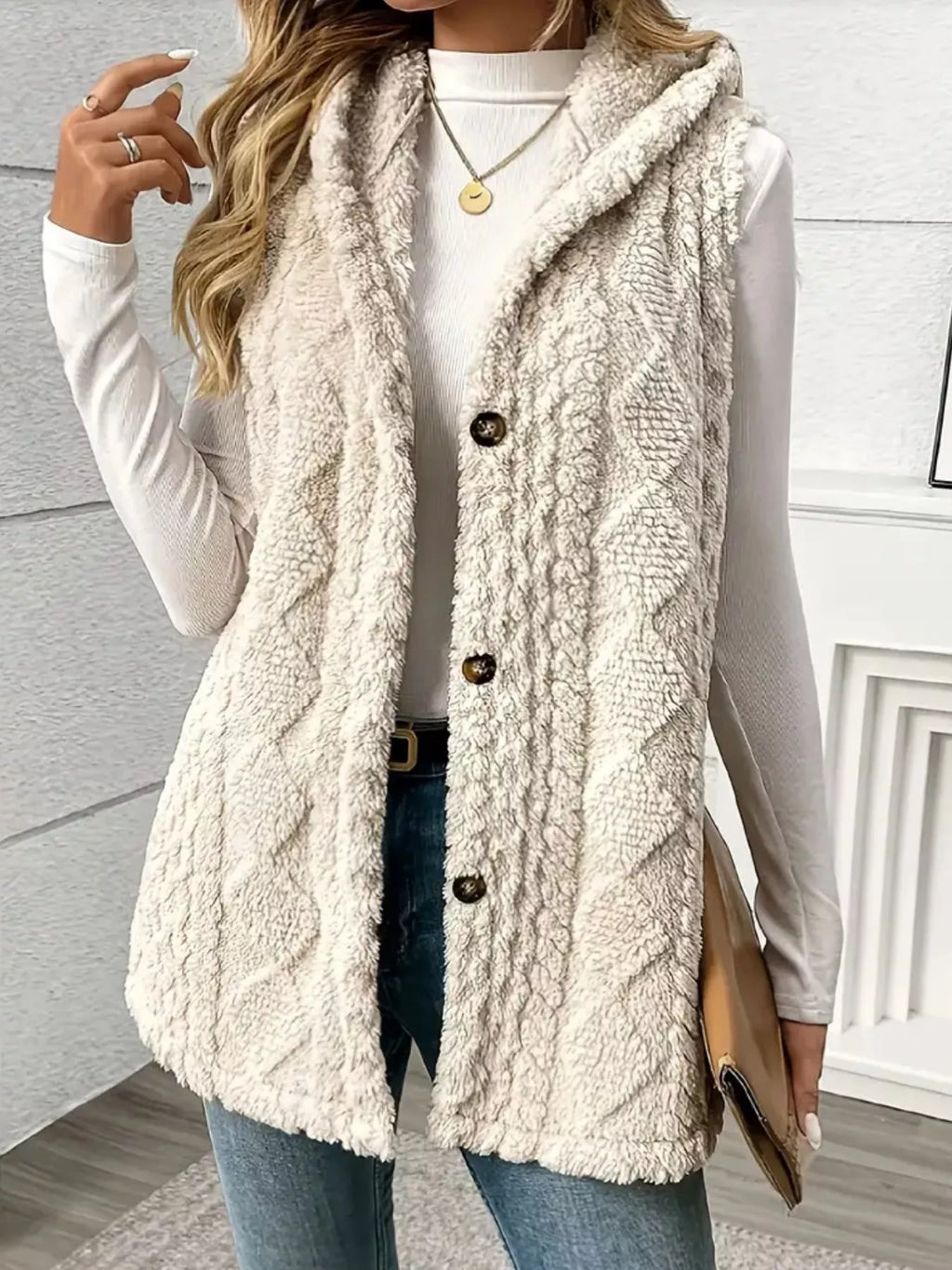 Button-down Sherpa Hooded Vest Coat (4)