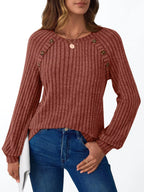 Ribbed Knit Decor Button Long Sleeve T-shirt (22)