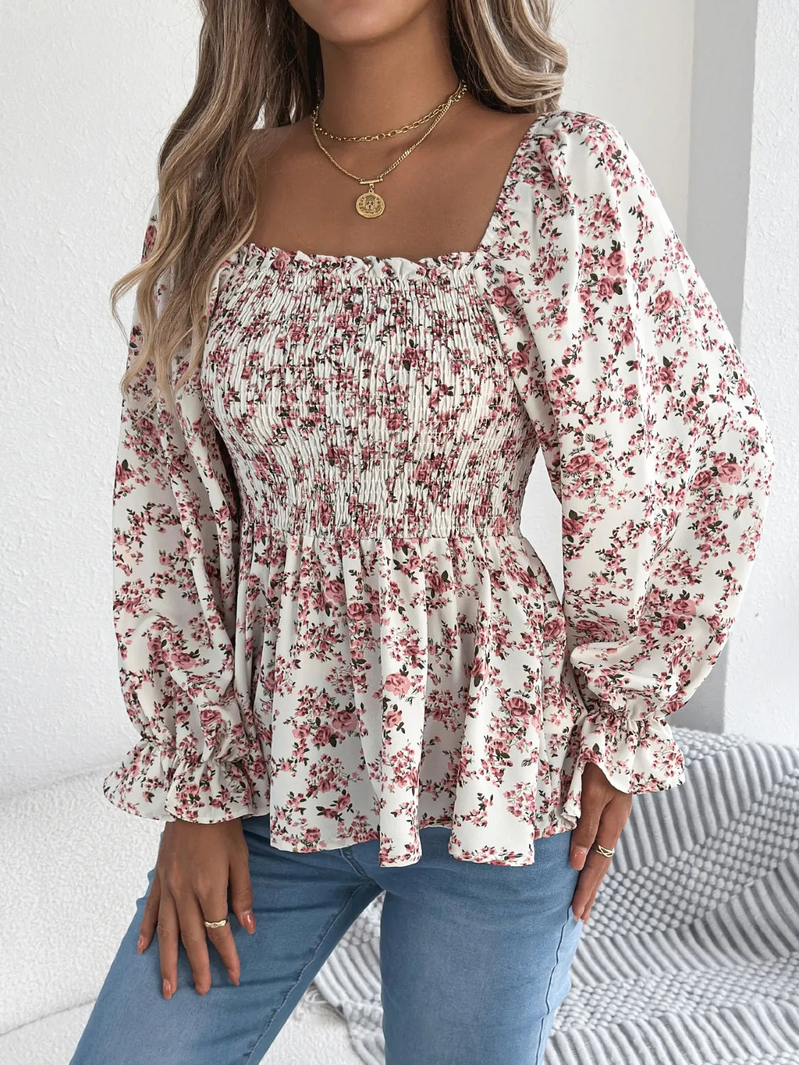 Floral Square Neck Flounce Sleeve Blouse (17)