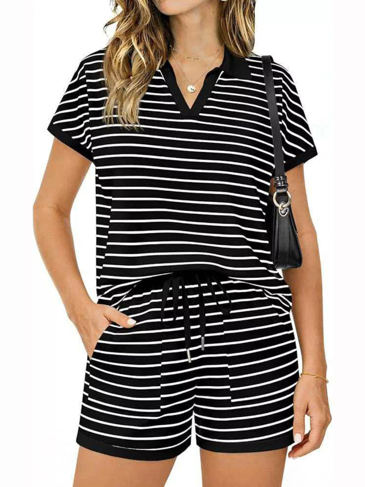 Striped Short Sleeve Polo Shorts Set (9)