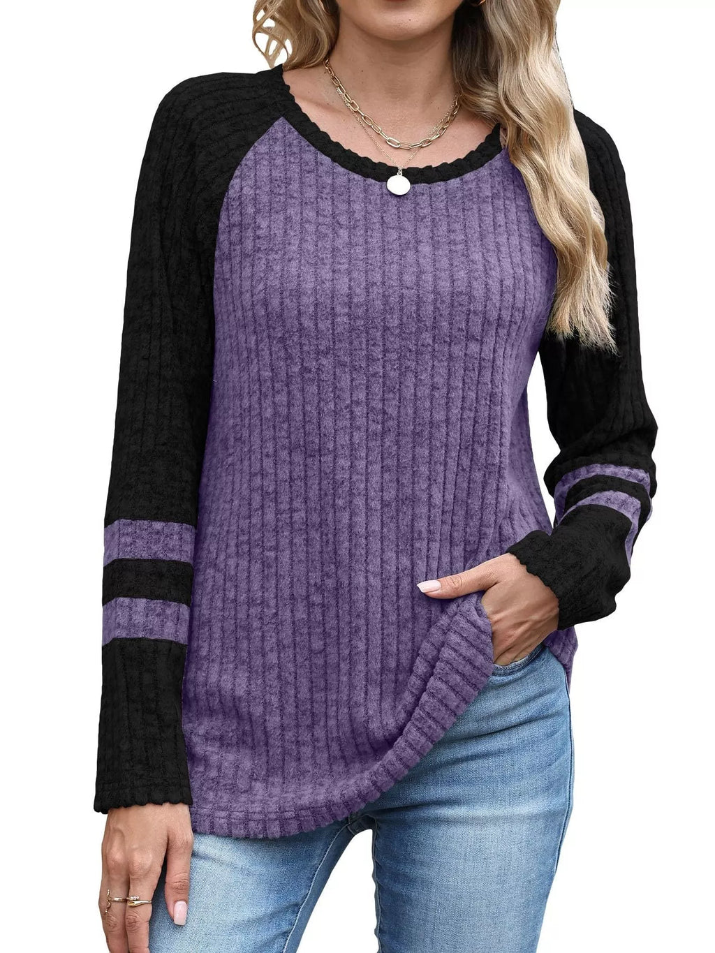 Ribbed Round Neck Raglan Sleeve Top (5)