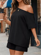 One-shoulder Short Sleeve Top Shorts Set (2)