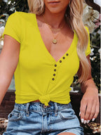 Full Size Casual V-neck Button Detail T-shirt Plus (25)