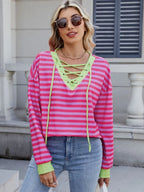 Lace-up Striped Long Sleeve T-shirt
