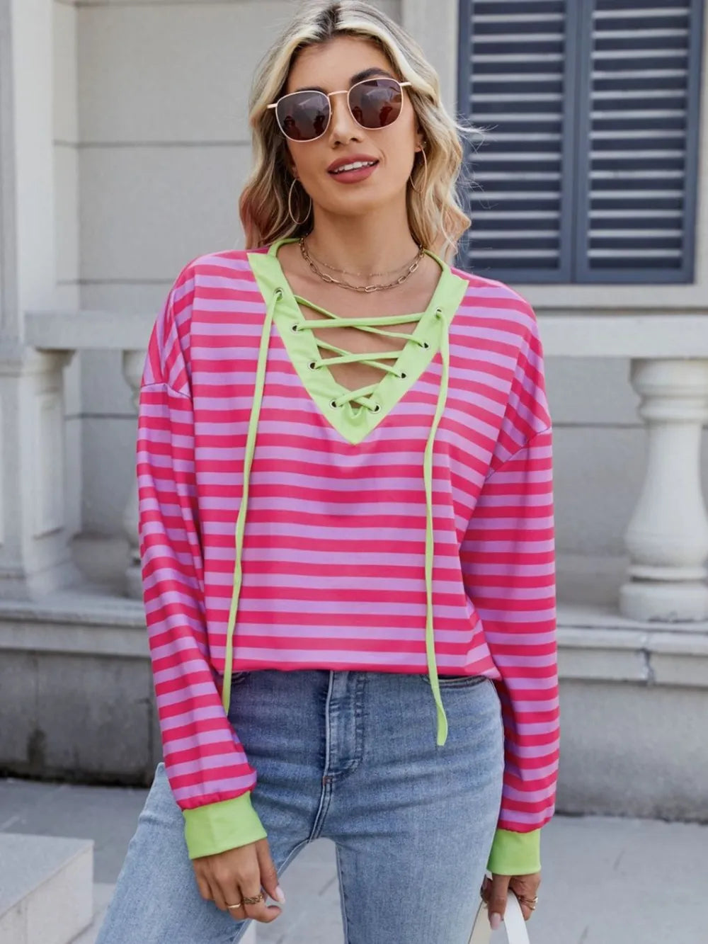 Lace-up Striped Long Sleeve T-shirt