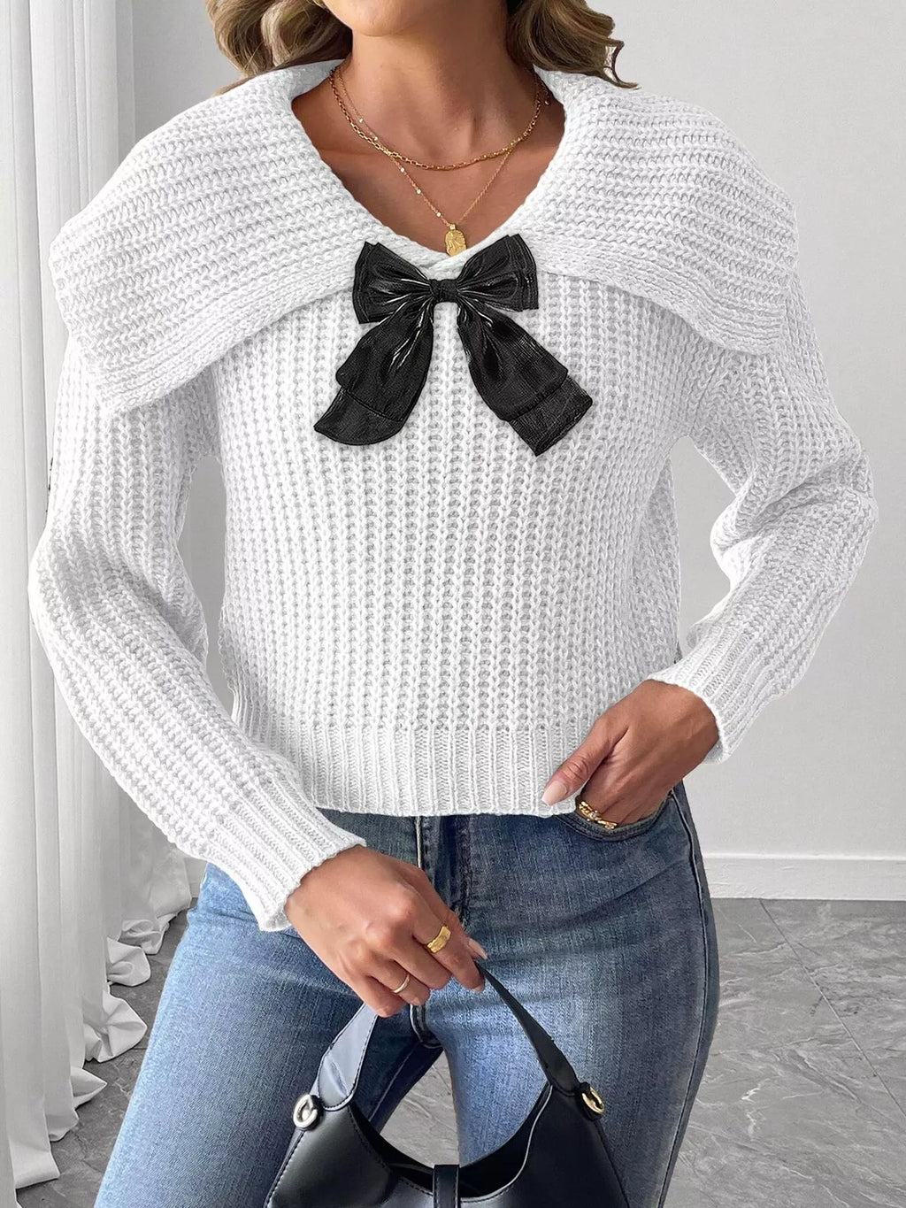 Contrast Bow Long Sleeve Sweater (2)
