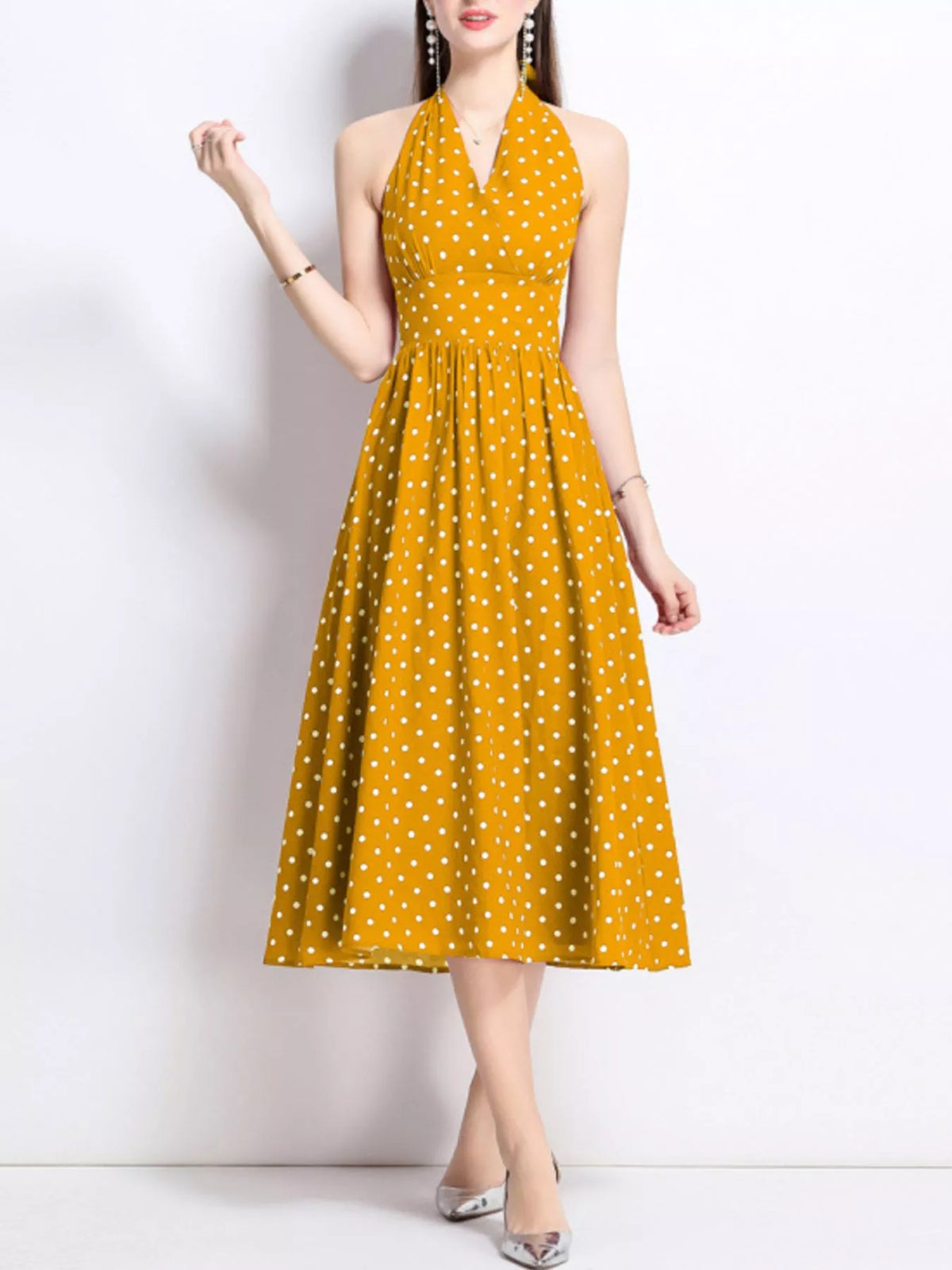 Polka Dot Halter Neck Midi Dress (9)