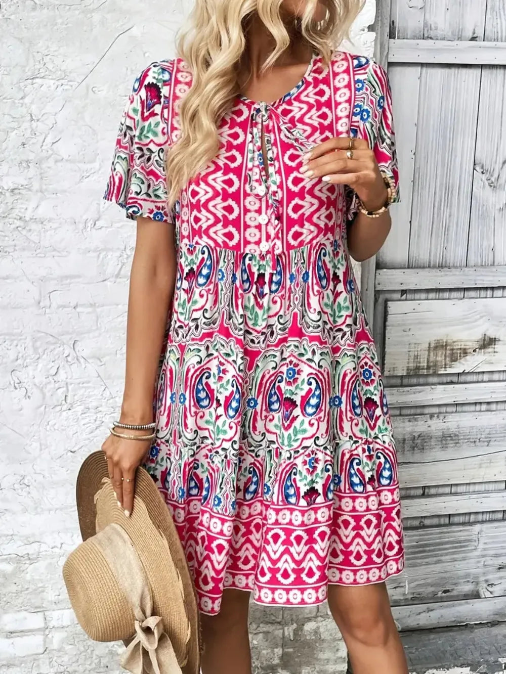 Printed Tie Neck Short Sleeve Dress (3)