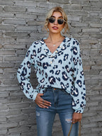 Leopard V-neck Decorative Button Long Sleeve Blouse (6)