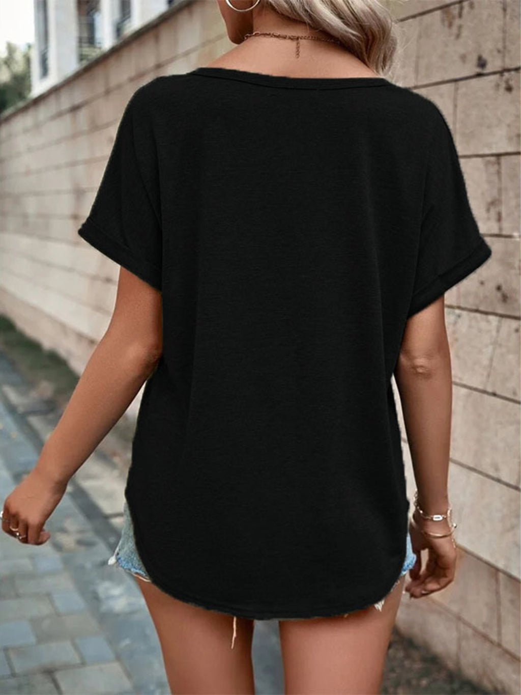 Full Size Decor Button Short Sleeve T-shirt Plus (6)