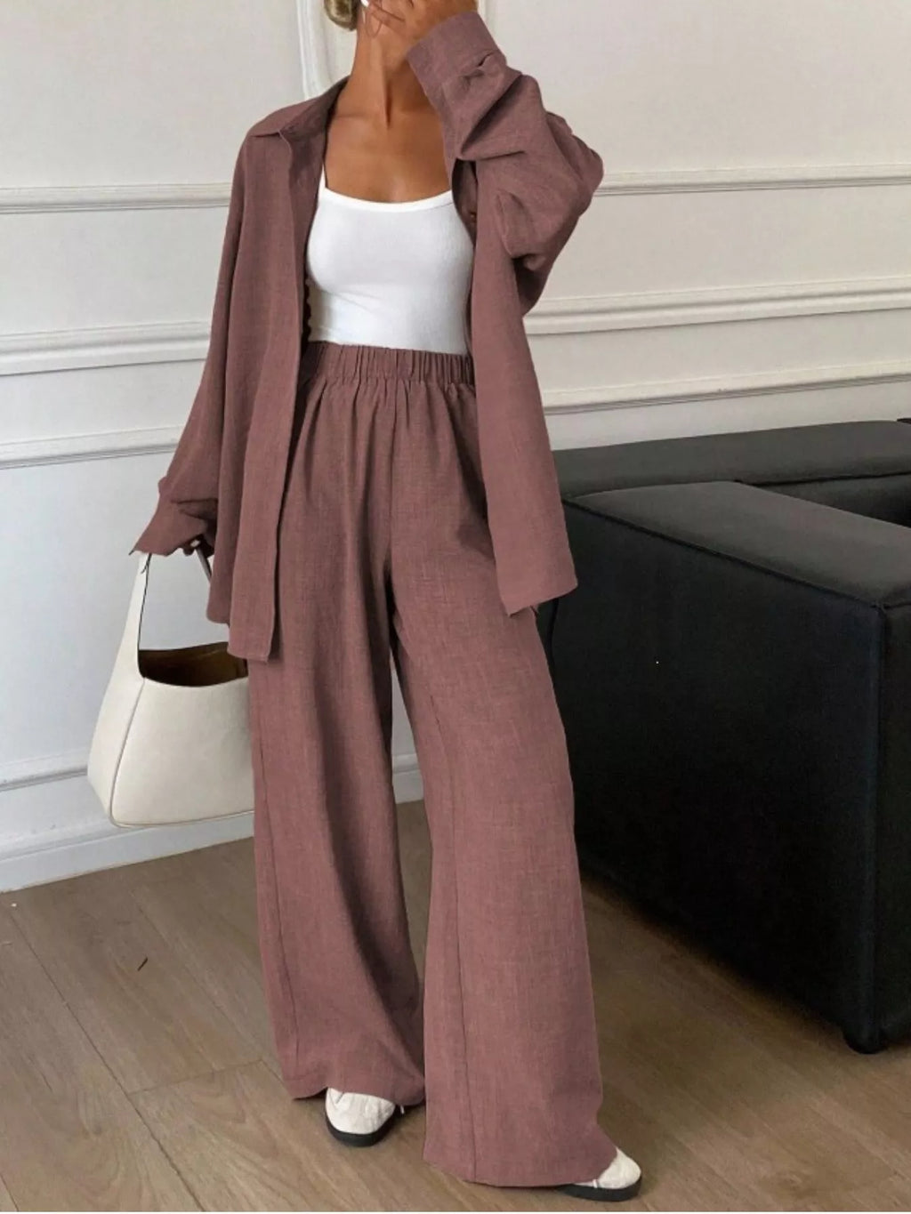 Button-down Shirt Wide-leg Pants Set (21)