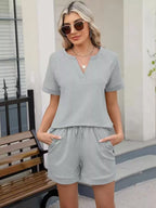 Solid Color Short Sleeve Top Shorts Two-piece Set (28)