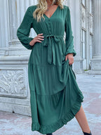 Ruffled Hem V-neck Balloon Sleeve Dress (2)