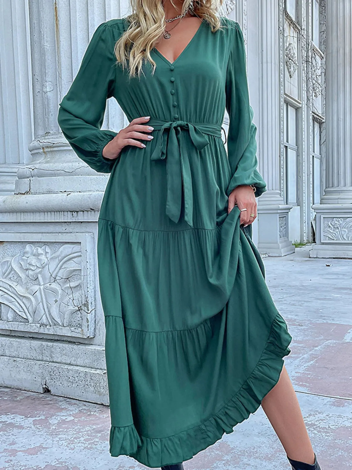 Ruffled Hem V-neck Balloon Sleeve Dress (2)