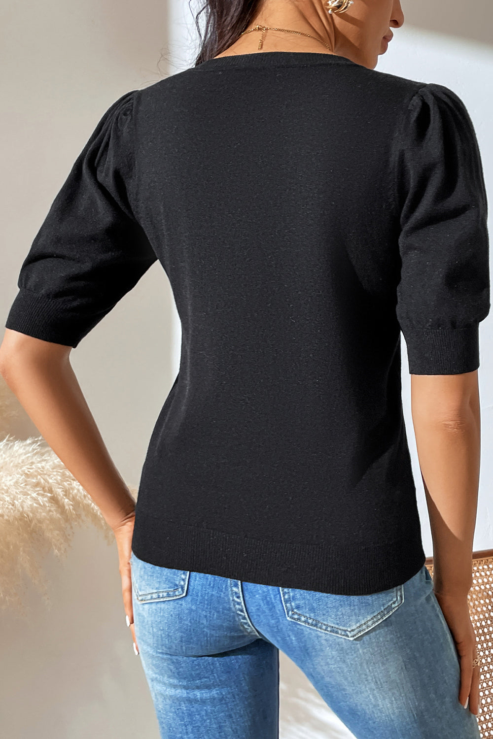 Round Neck Puff Sleeve Knit Top (10)