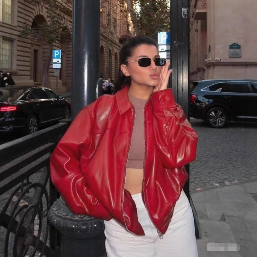 Versatile Faux-leather Bomber Jacket photo 2