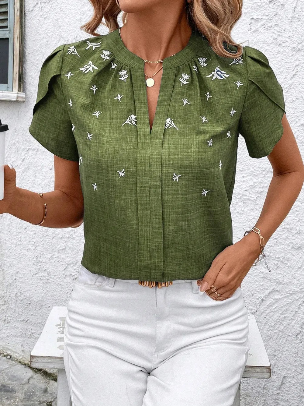 Floral Notched Short Sleeve Blouse (5)
