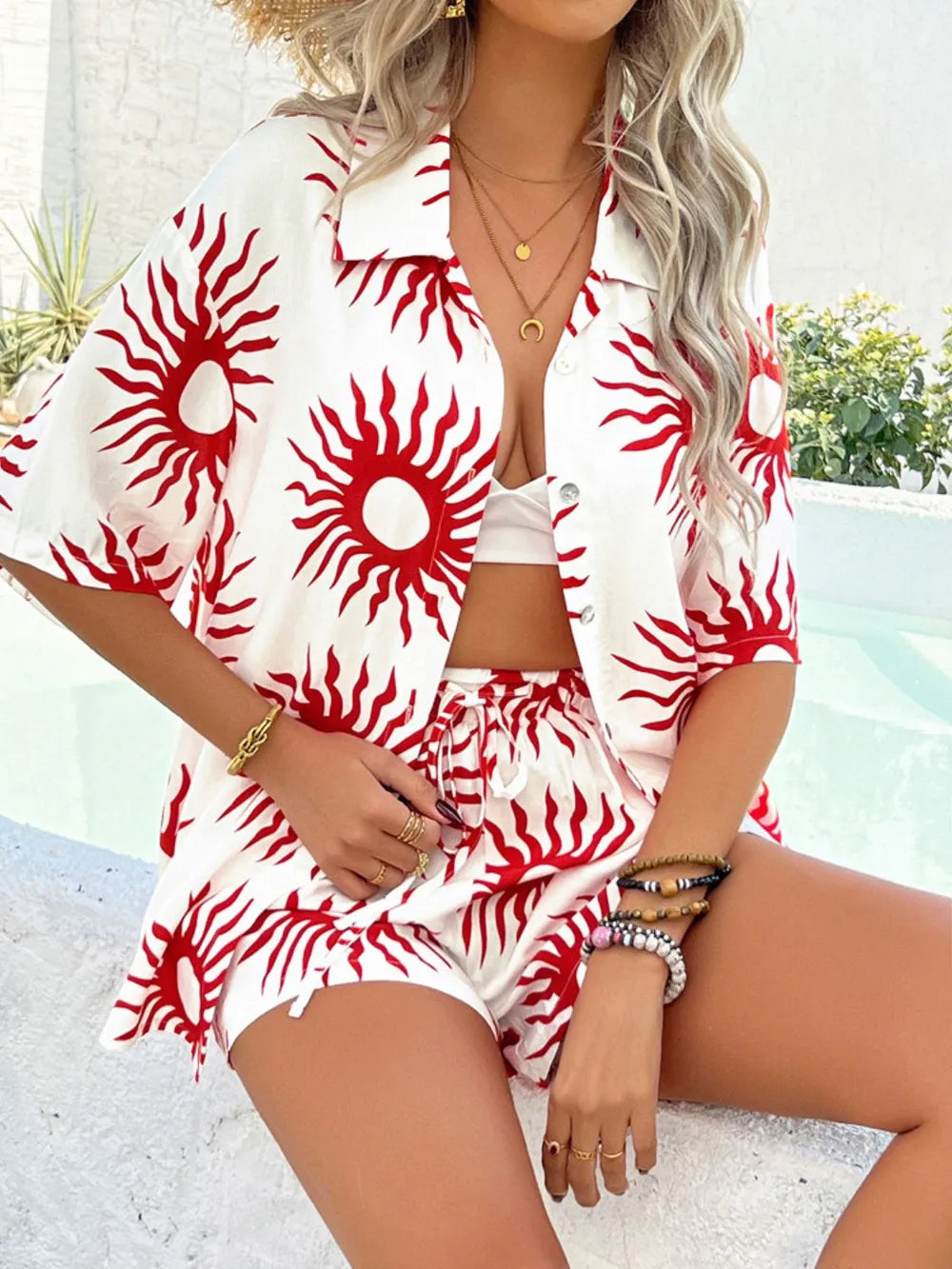 Printed Collared Neck Half Sleeve Top Shorts Set (9)