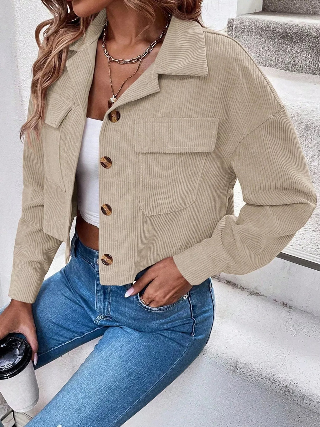 Cropped Corduroy Button-down Jacket (8)