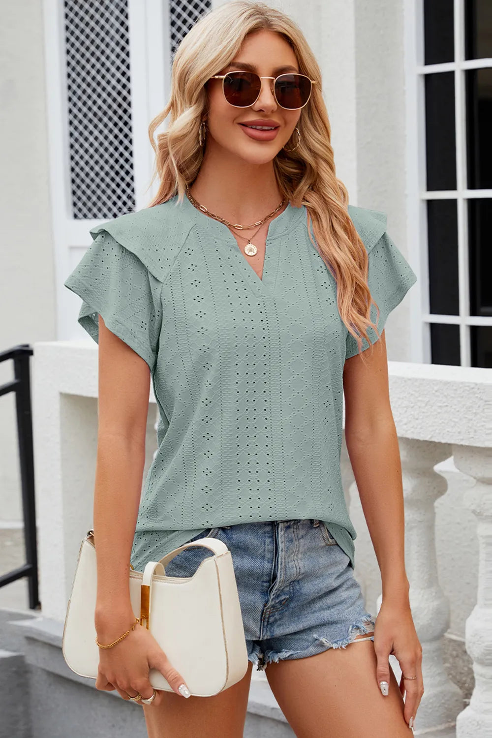 Eyelet Notched Flutter Sleeve T-shirt (11)