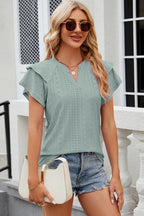 Eyelet Notched Flutter Sleeve T-shirt (11)