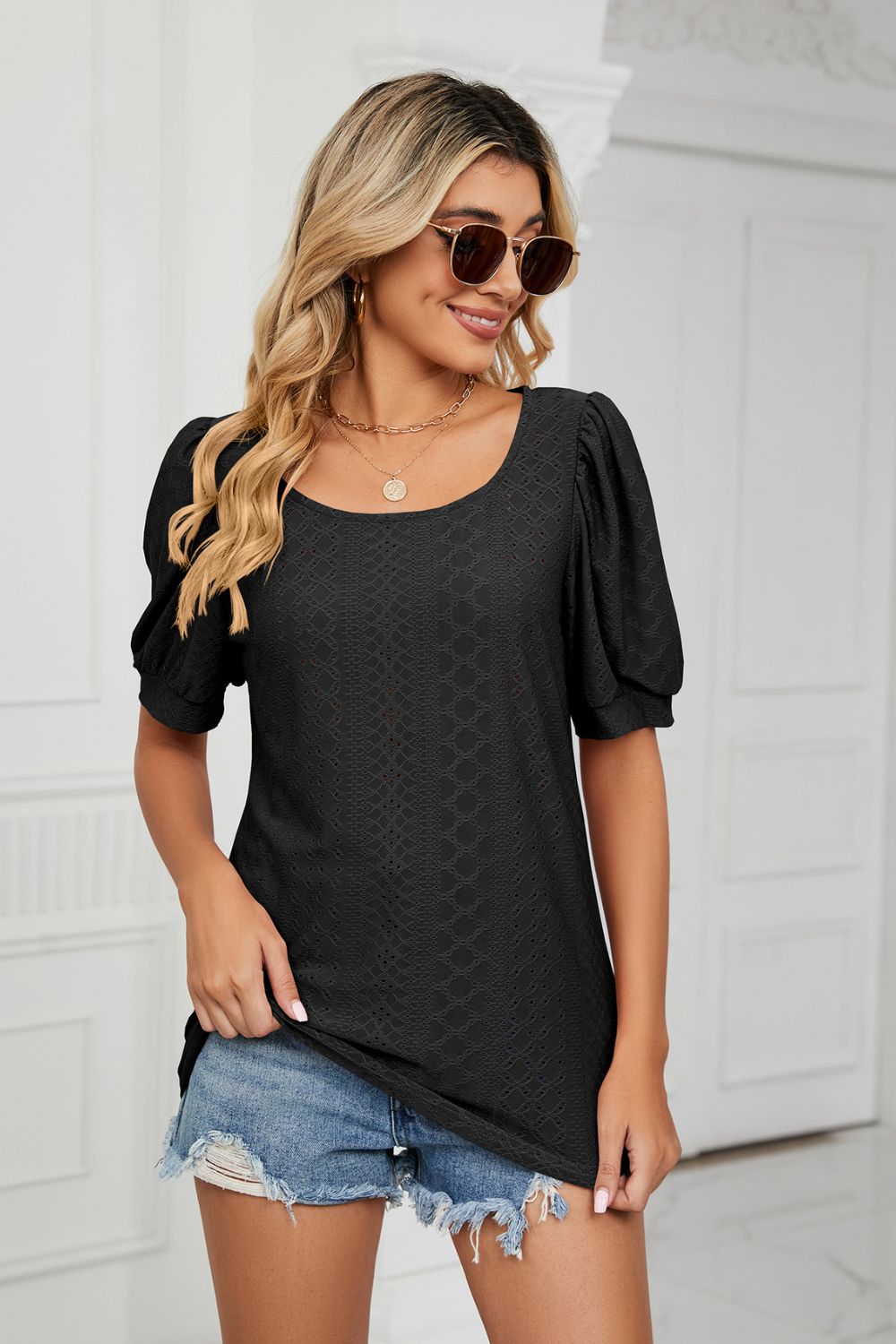 Eyelet Puff Sleeve Round Neck Top (8)