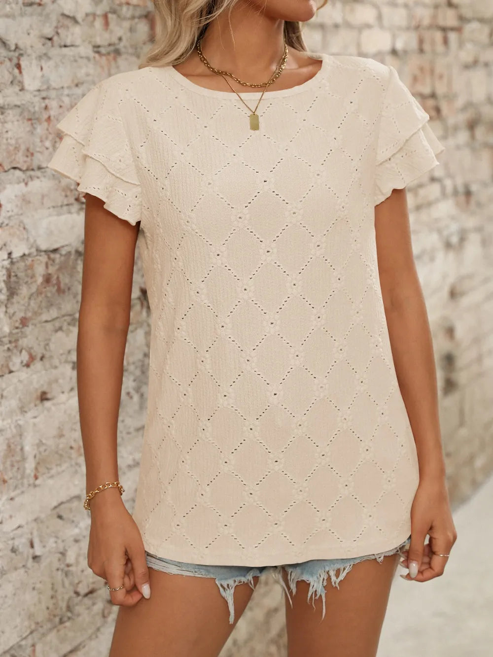Eyelet Round Neck Double Layered Ruffled Short Sleeve Top (28)