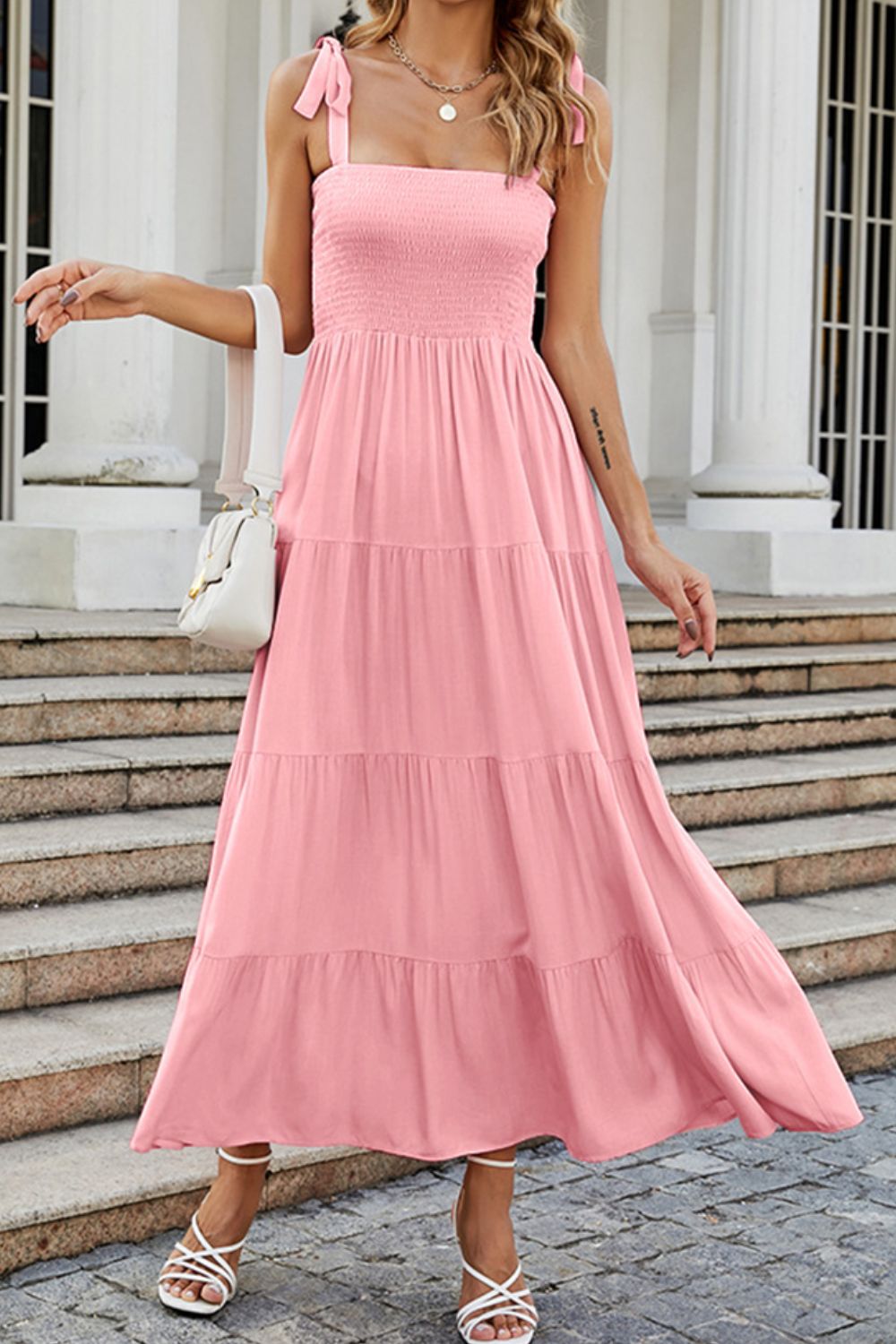 Tie-shoulder Smocked Tiered Dress (3)
