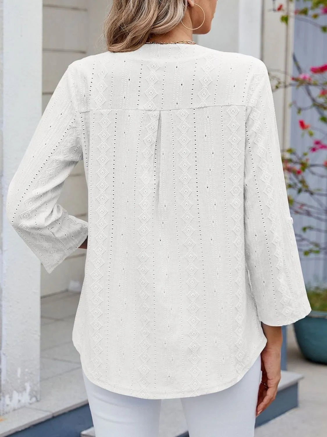 Eyelet Notched Roll-tab Sleeve Top (14)