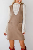 Pocketed V-neck Mini Sweater Overall Dress (2)