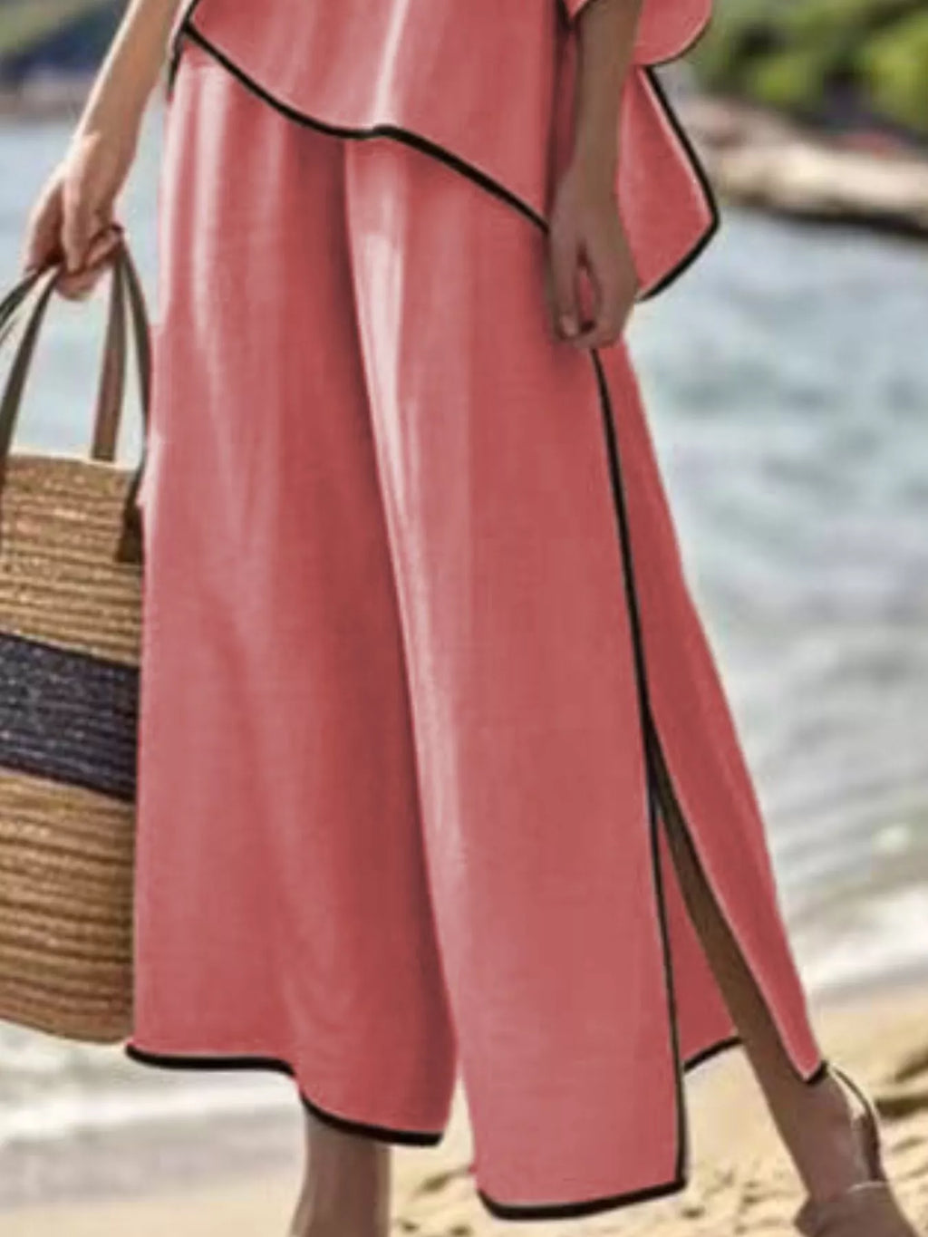 Full Size Contrast Trim Top Wide Leg Pants Set Plus (18)