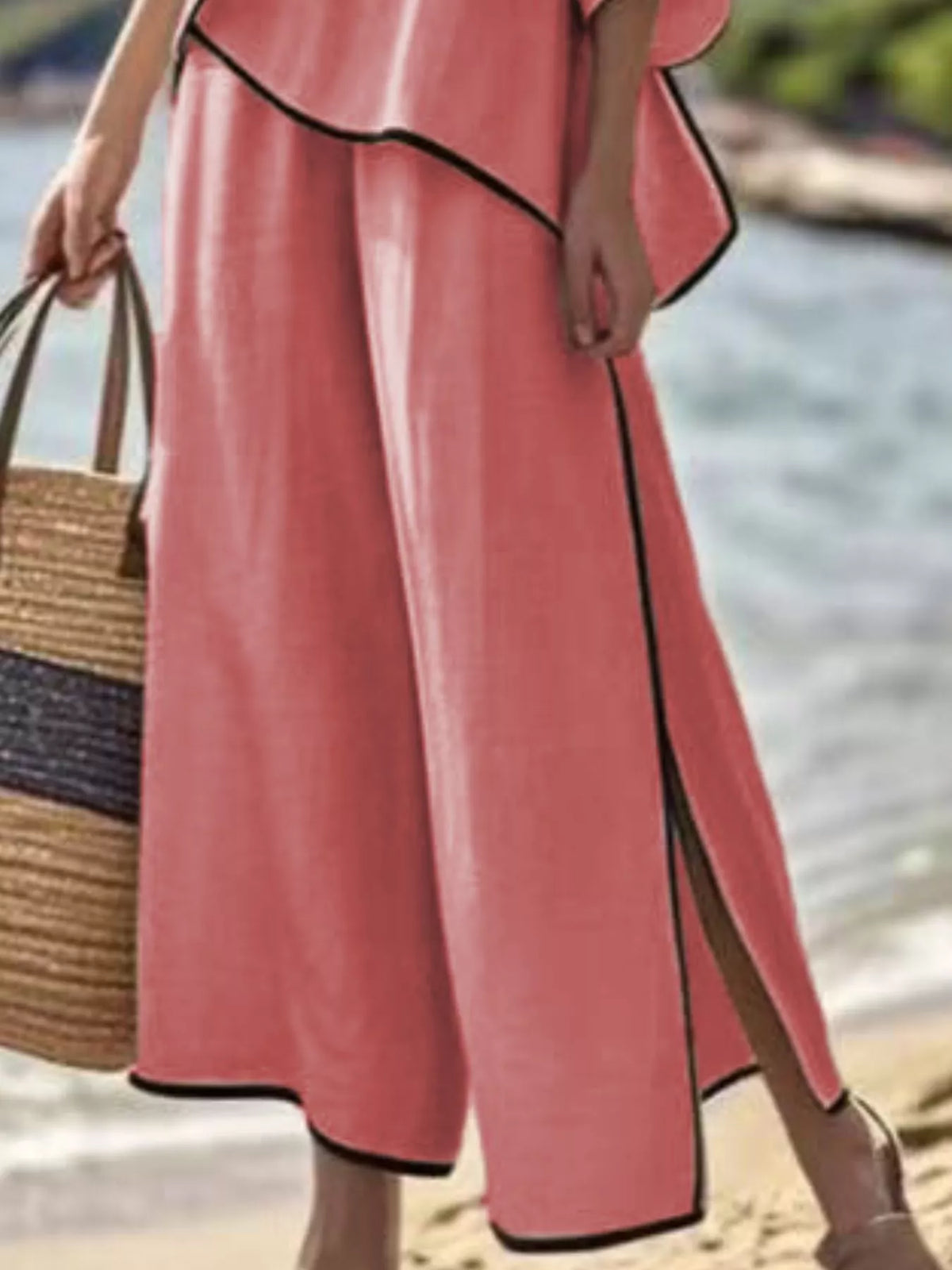 Full Size Contrast Trim Top Wide Leg Pants Set Plus (18)