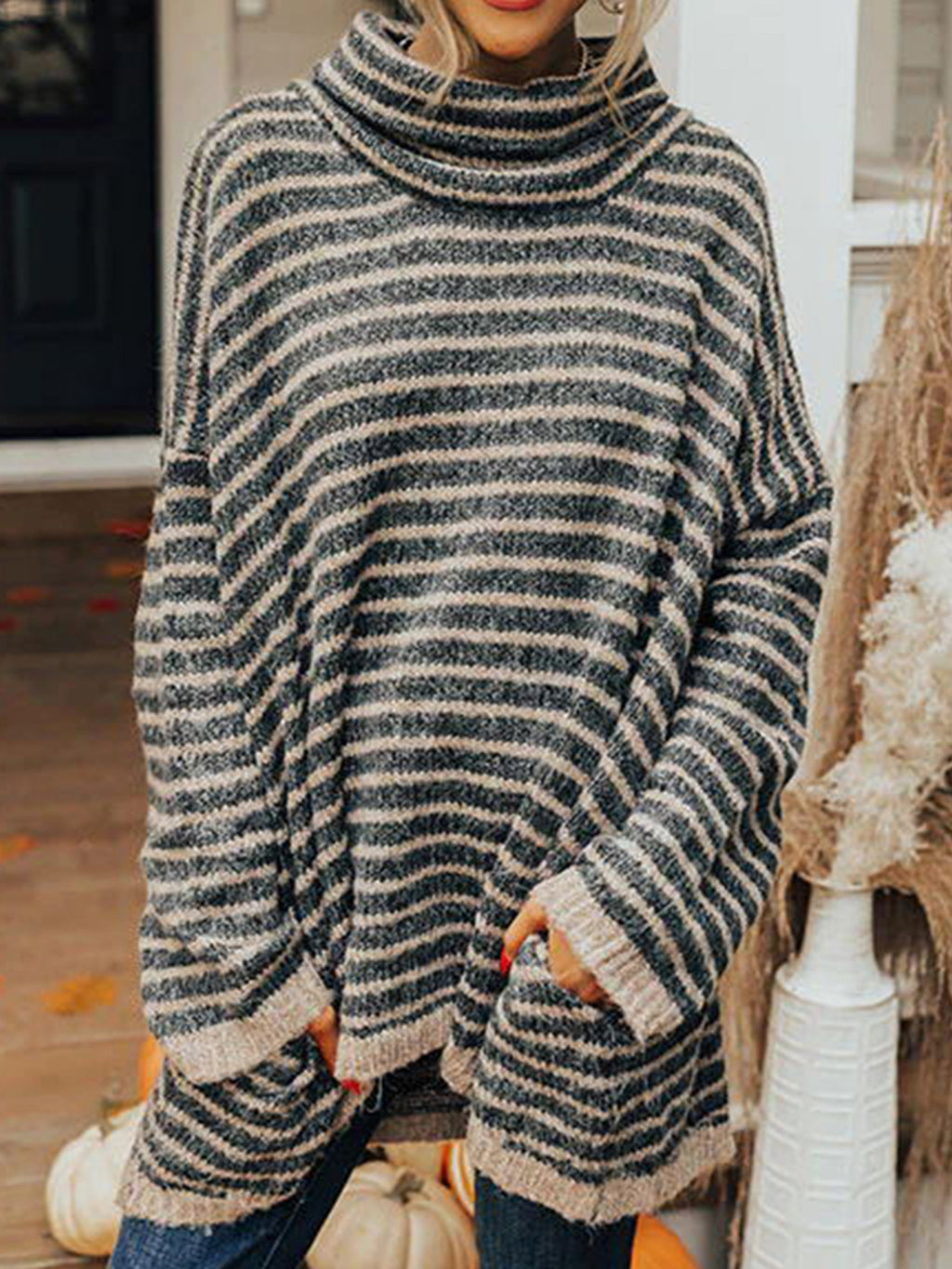 Striped Turtleneck Sweater Pockets