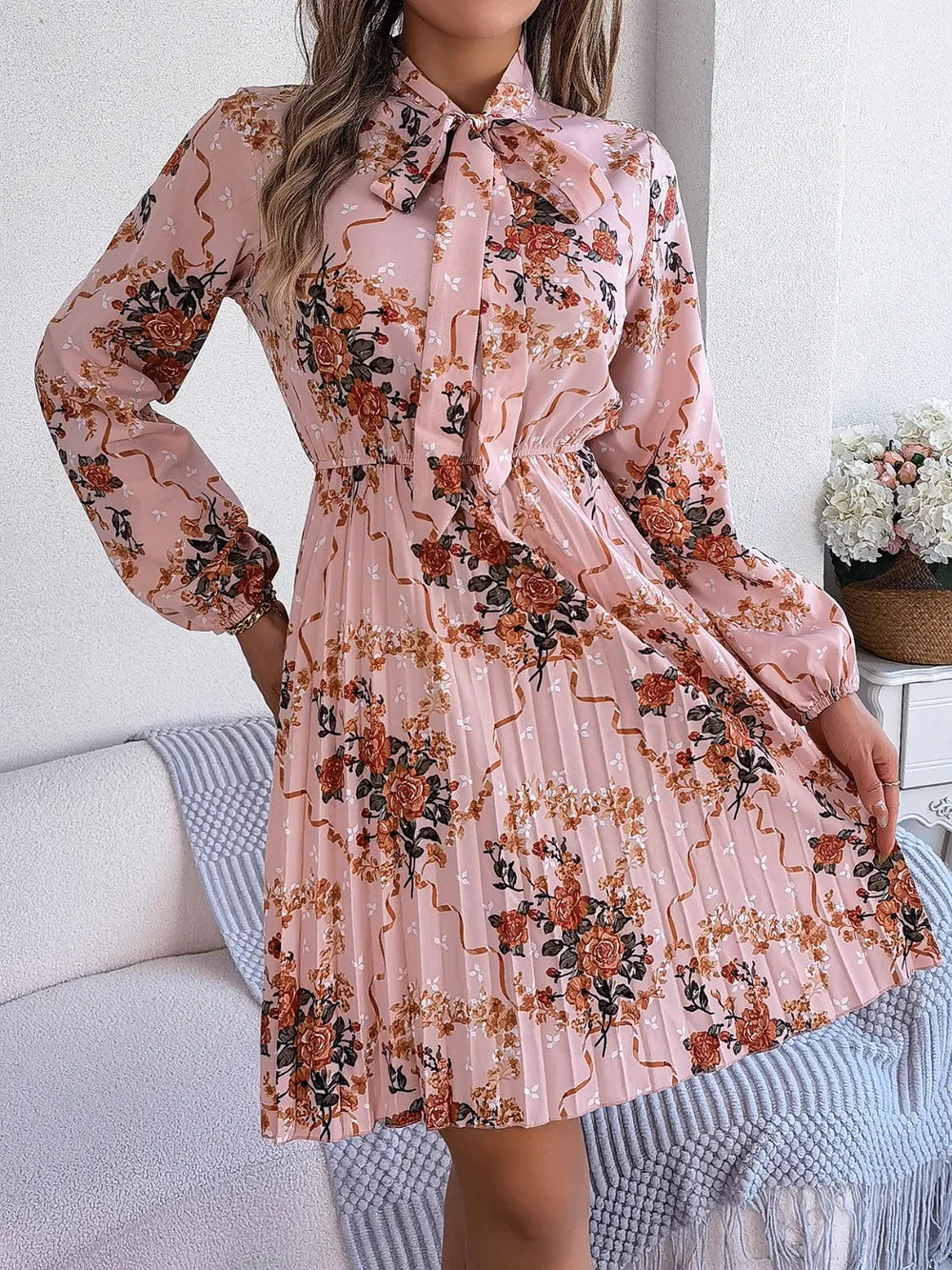 Pleated Printed Tie Neck Long Sleeve Dress (5)