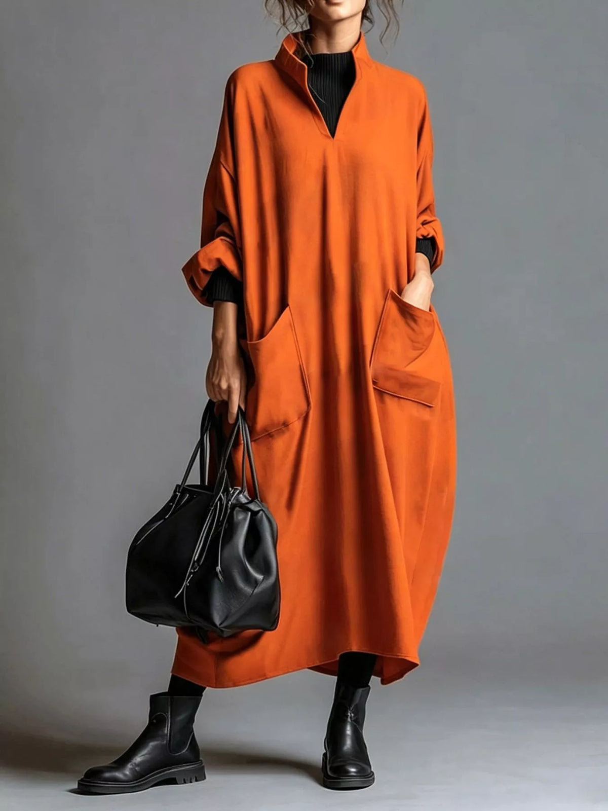 Full Size Loose-fit Mock Neck Midi Dress Pockets Plus (5)