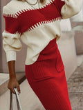 Two-tone Ribbed Knit Top Skirt Sweater Set