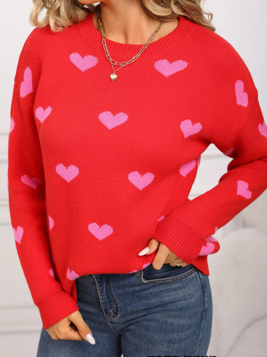 Valentine's Day Heart Pattern Dropped Shoulder Sweater (14)