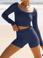 Scoop Neck Long Sleeve Top Shorts Set (29)