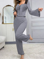 Lace Detail Flare Sleeves Top Pants Lounge Set (9)