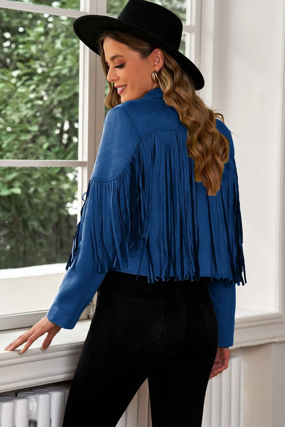 Fringe Trim Lapel Collar Cropped Blazer (22)