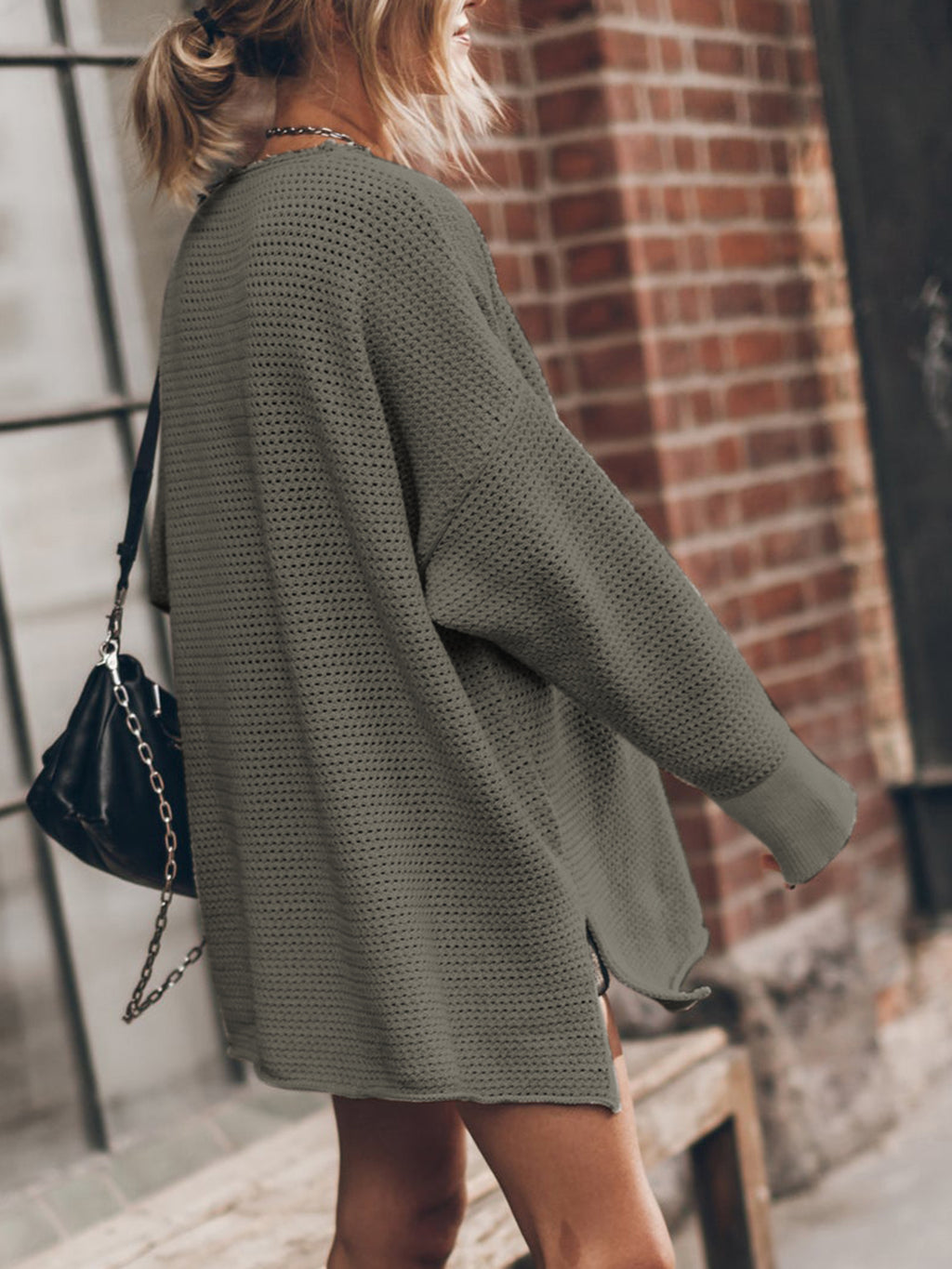 Openwork Round Neck Long Sleeve Slit Sweater (9)