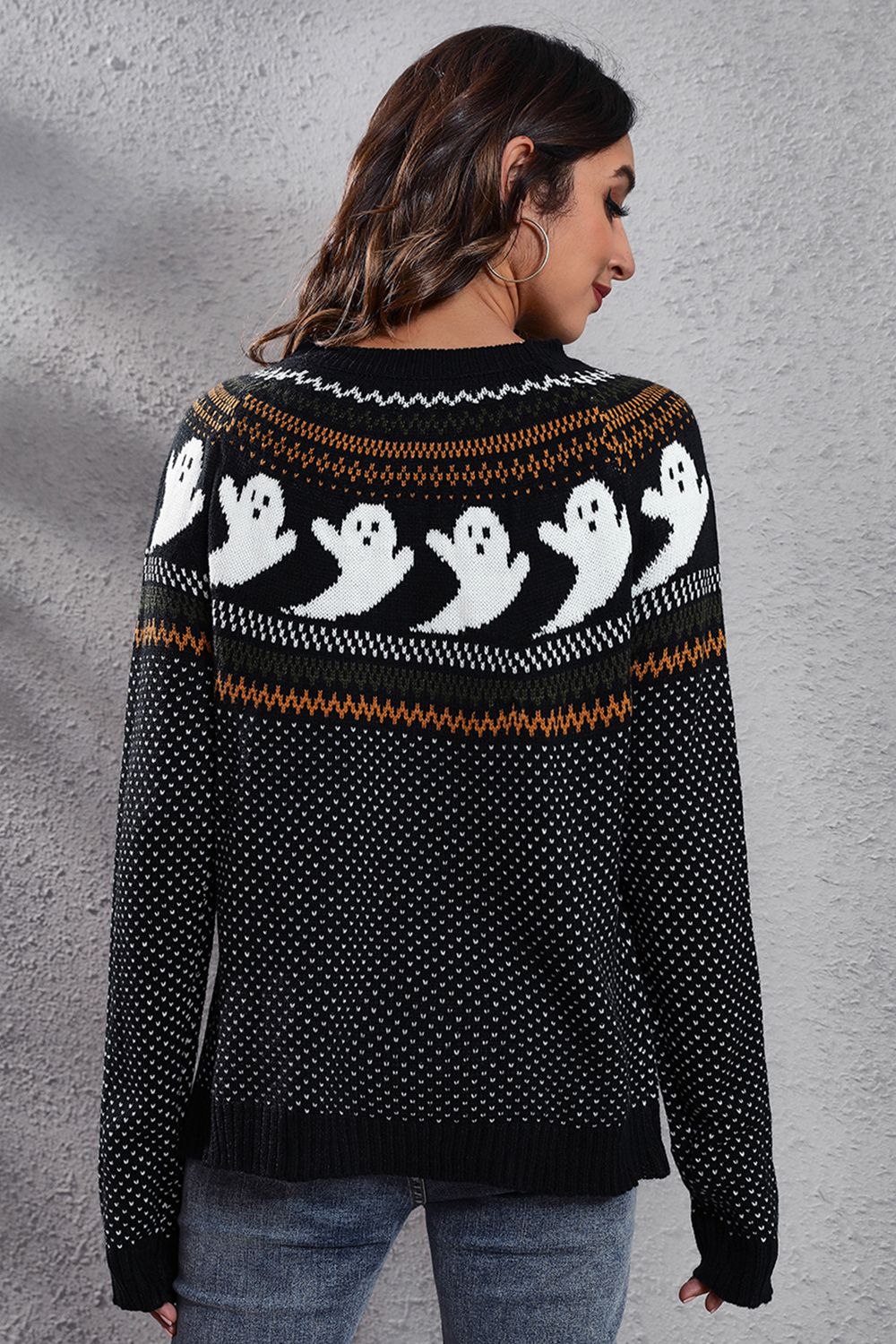Ghost Pattern Round Neck Long Sleeve Sweater (2)
