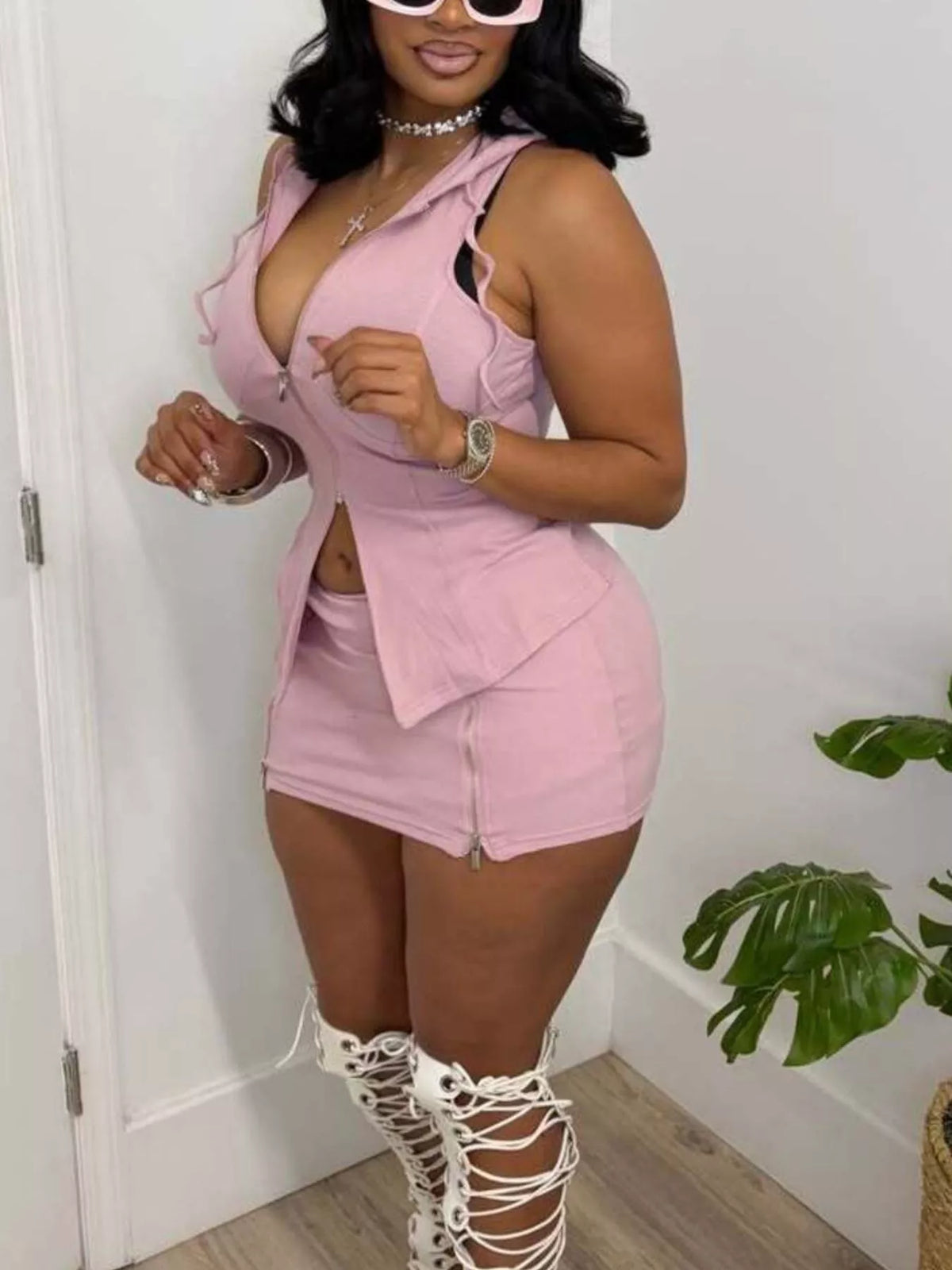 Hooded Zippered Sleeveless Top Skirt Set (2)